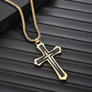 Men's Cross Pendant Stainless Steel Crucifix Necklace Men Boys Chain 24 Inches